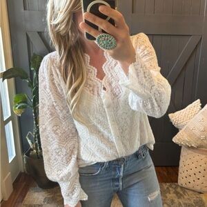 Scalloped Lace Button Front White Blouse Romantic Boho Style, Feminine Top